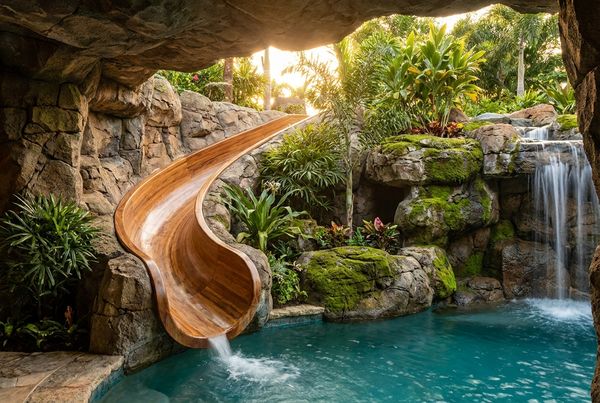 Pool slide built into a grotto cave over a tropical pool