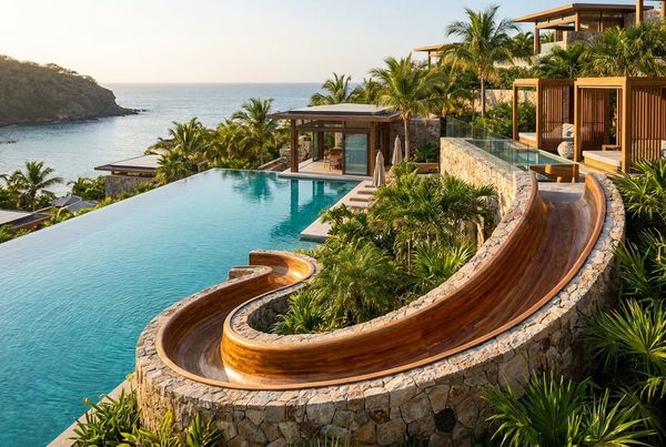 Luxury resort-style curving pool slide beside a large pool