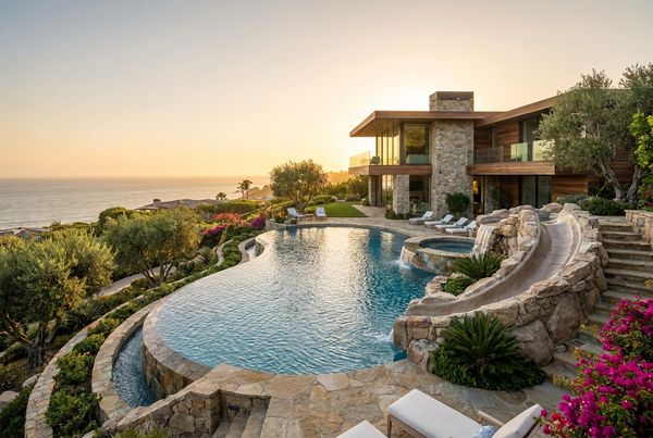 Freeform pool with a blue curved waterslide beside a tanning ledge