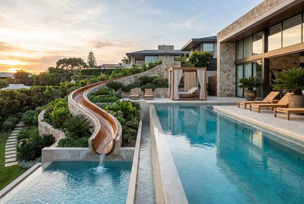 Pool slide next to a diving board on a large family pool