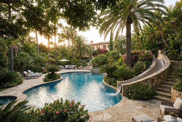 Enclosed tube waterslide winding down beside a resort-style pool