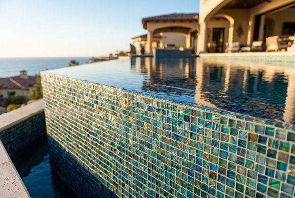 Glass mosaic waterline tile band running along the edge of a pool