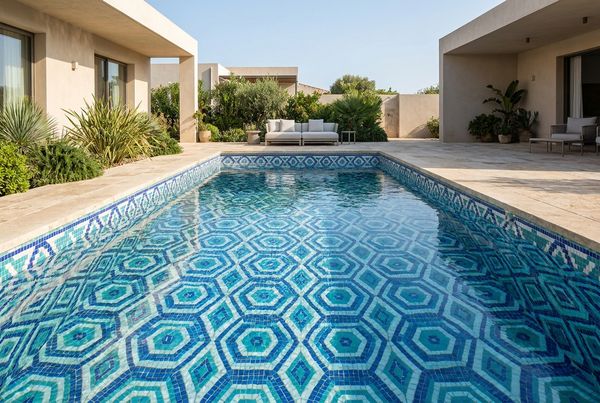 Geometric patterned pool tile in a modern backyard