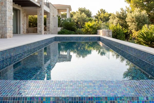 Iridescent shimmering pool tile catching the sunlight