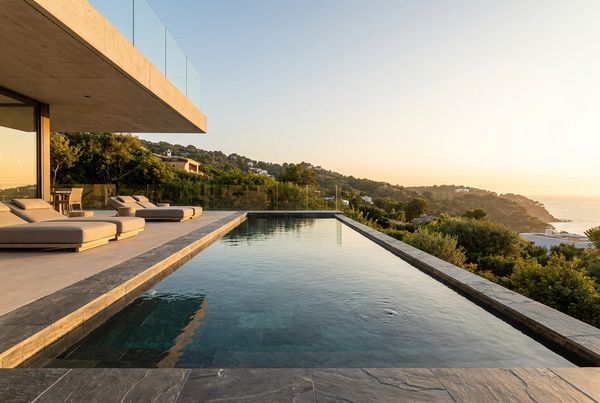 Dark tile lining a sleek modern rectangular pool