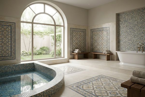 Spa with detailed glass tile spillover into a pool