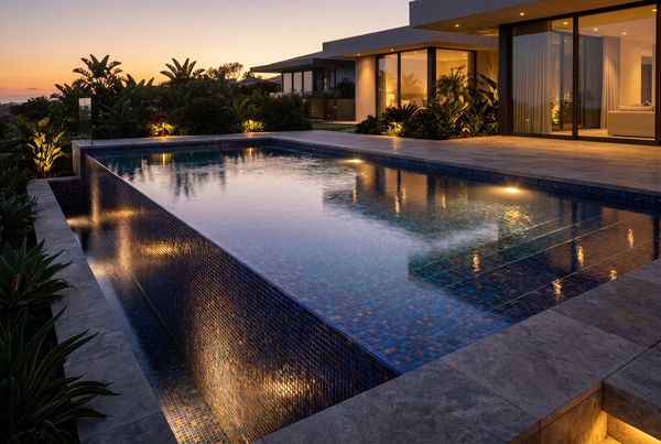 Iridescent shimmering pool tile catching the light