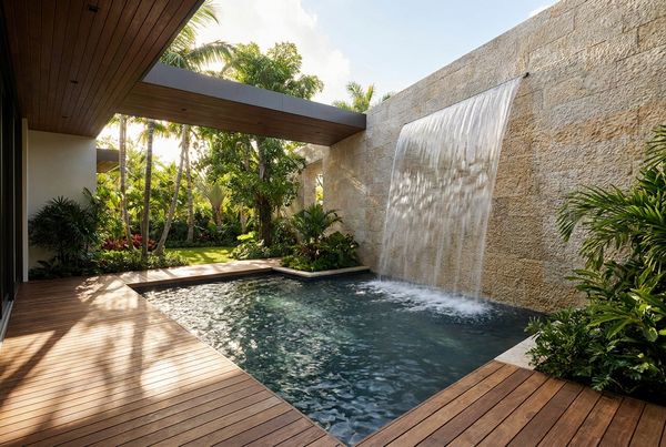 Sheer-descent waterfall wall pouring a smooth sheet into a modern pool