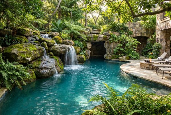 Natural stacked-rock waterfall and hidden grotto beside a freeform pool