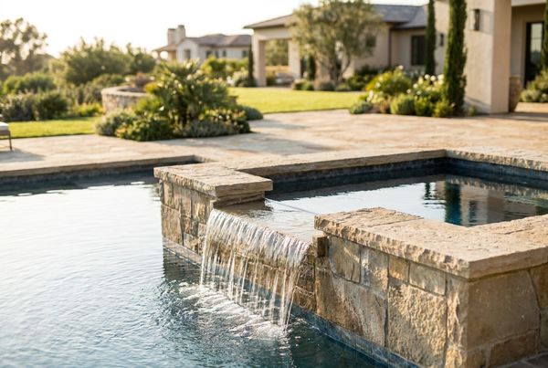 Raised spa spilling over a wide sheer spillway into a pool