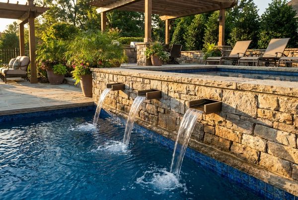 Scupper spouts pouring from a raised pool wall into the water