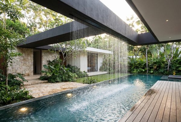Rain curtain feature falling in a thin sheet into a pool