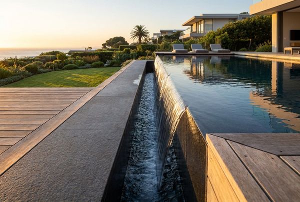Perimeter-overflow slot edge creating a mirror-flat pool surface