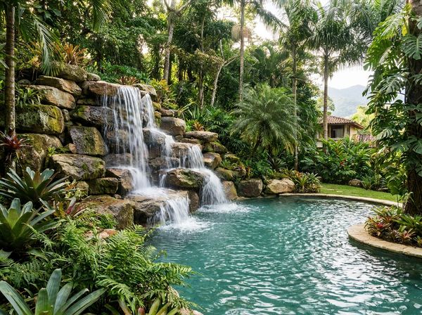 Pool water feature spilling into clear blue water