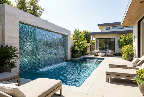 Water wall clad in glass tile pouring into a pool