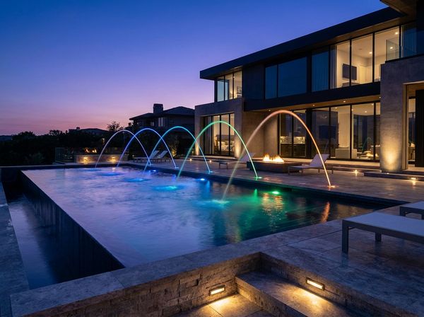 Moving water feature on a modern pool