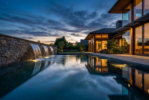 Fountain jets lit inside a pool at night