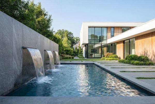 Raised spa spilling into a dark reflective pool