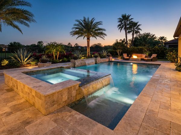 Lit pool water feature at dusk