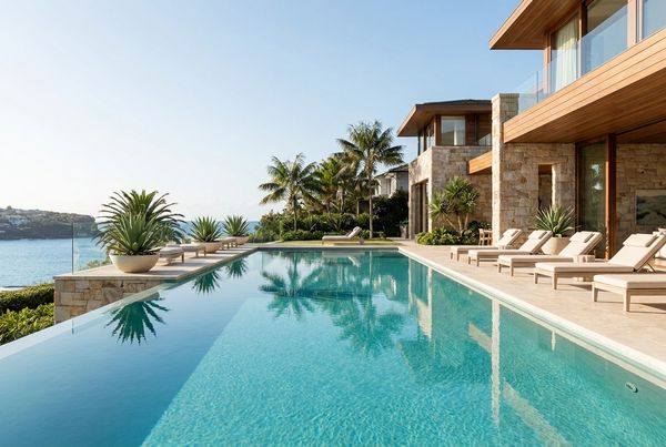 Saltwater pool with exceptionally clear water and a smooth reflective surface