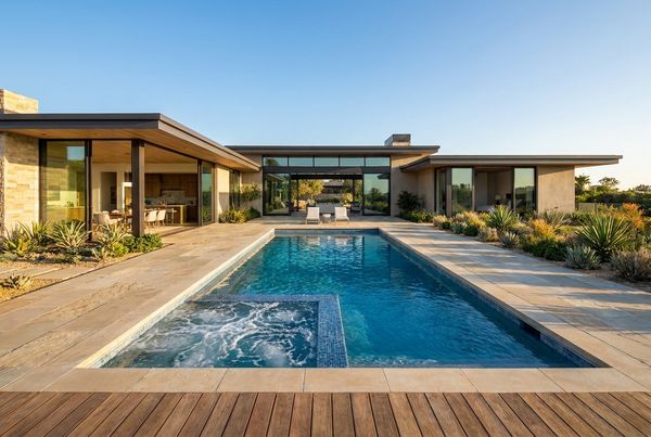 Saltwater pool with an attached spa and spillover in a landscaped backyard