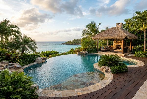 Tropical saltwater pool surrounded by palms and lush landscaping