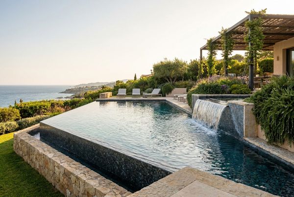 Saltwater pool with a boulder waterfall spilling into clear blue water