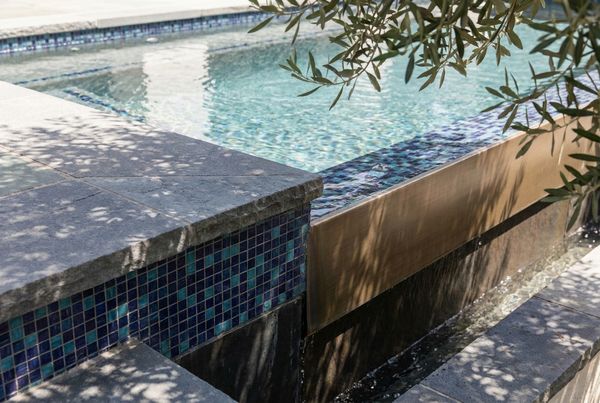 Saltwater pool with a wide tanning ledge and half-submerged loungers