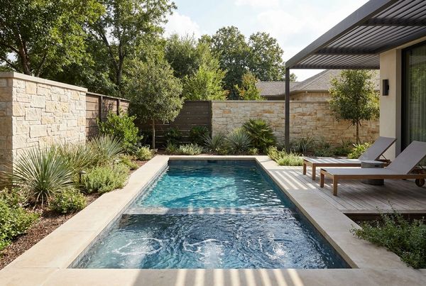 Compact plunge pool with deck-level bubblers in a paved courtyard