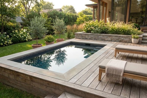 Small pool set into a raised wood deck against a modern home