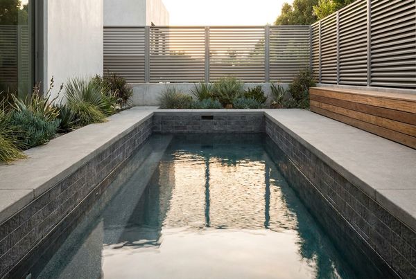 Tiny modern pool with a dark tile interior reflecting the surroundings