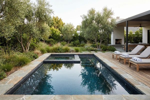 Small pool with an attached raised spa spilling into the main water