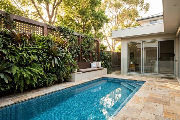 Compact backyard pool in a tight modern yard