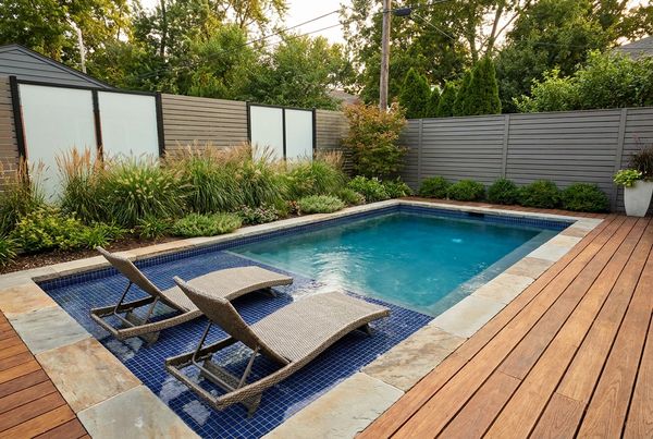 Small pool with a shallow tanning ledge and a lounge chair half in the water