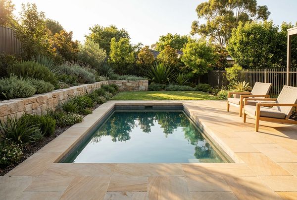 Small pool surrounded by large-format pavers
