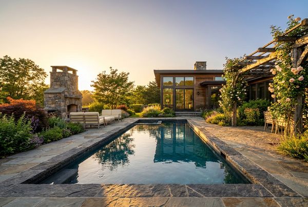 Compact modern backyard pool viewed from above at midday