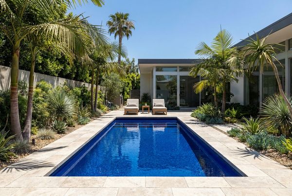 Small pool with a wide sun shelf and umbrella