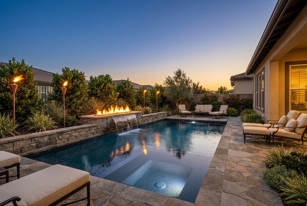 Small pool with a pebble finish and natural stone coping