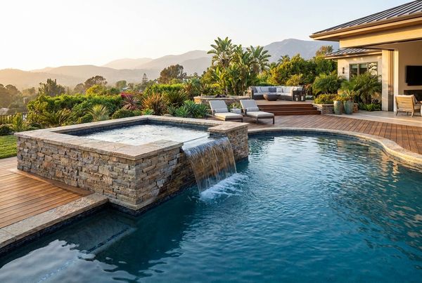 Raised spa spilling water into an inground pool below