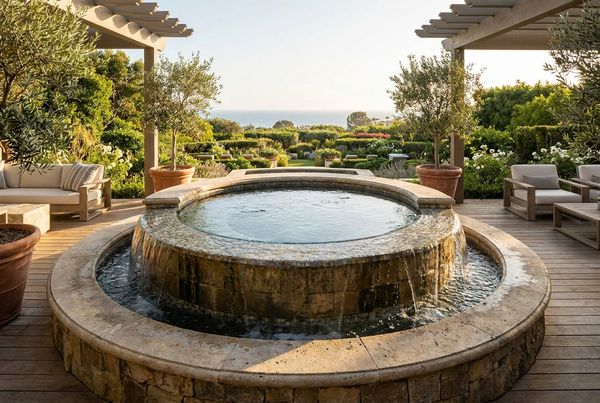 Round spillover spa spilling into a rectangular pool