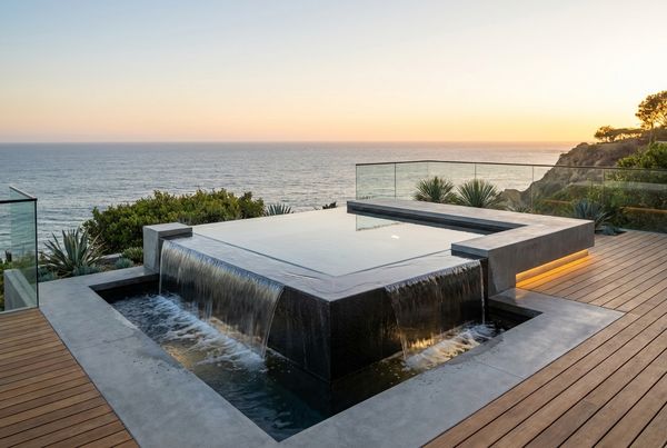 Square modern spillover spa with clean tiled facing