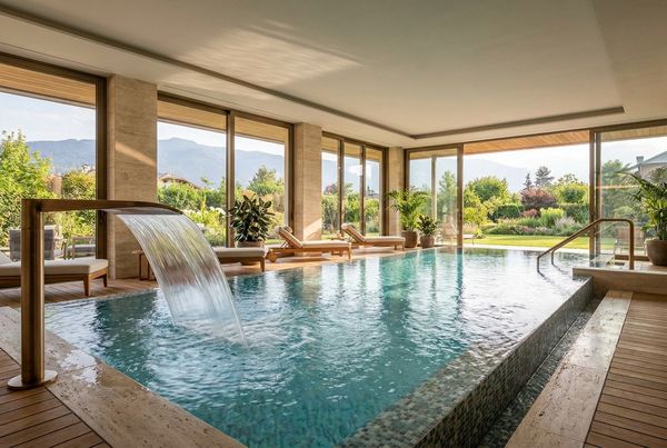 Spillover spa with a sheer-descent style spillway curtain