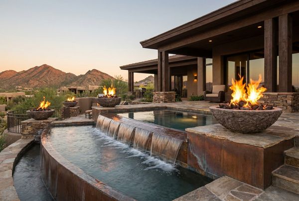 Spillover spa flanked by fire bowls at the pool edge