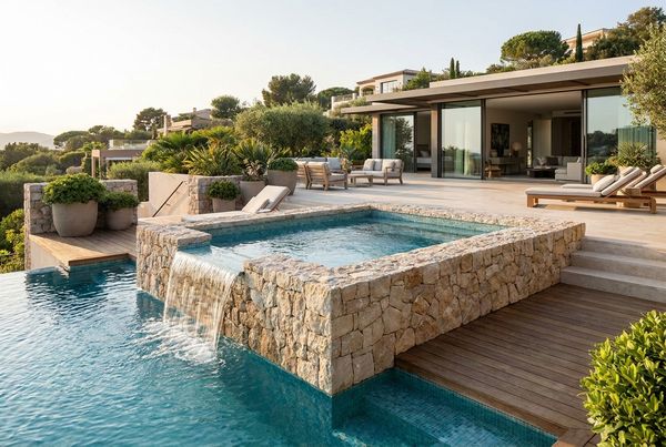 Raised spa on a bond beam spilling into a pool below
