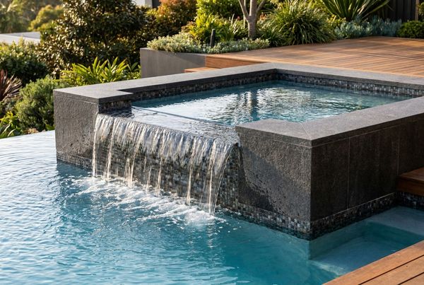 Close-up of water sheeting over a spillover spa edge