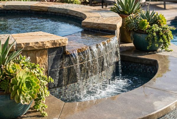 Modern spillover spa with fire bowls flanking the spa wall