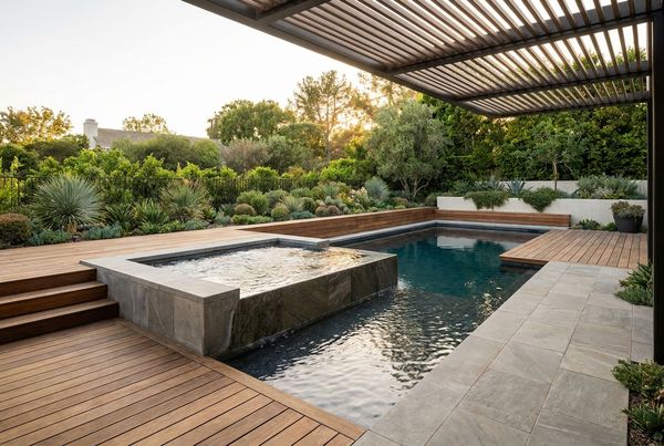 Round spillover spa with a wide sheet spillway into a dark pool