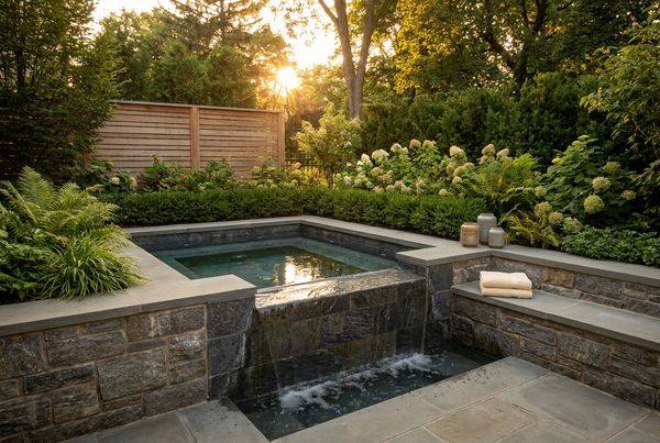 Geometric spillover spa with a sheer-descent style spillway