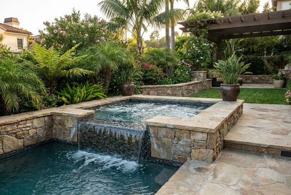 Spillover spa with scupper spouts arcing water into the pool