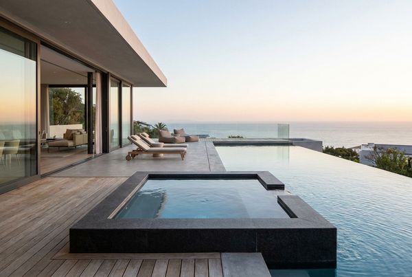 Spillover spa flush against a limestone deck with lounge chairs